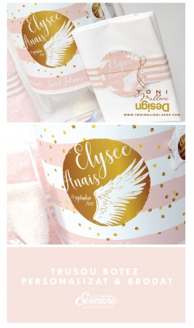 Trusou de botez cu aripi de ingeri si buline gold personalizat, Gold Wings  2